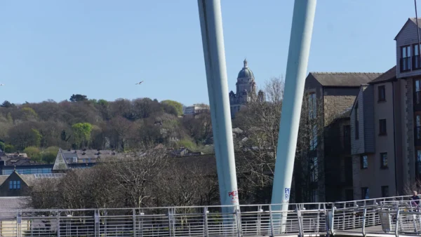 The Ashton Memorial viewed from the Millennium Bridge, capturing Lancaster’s iconic architecture on a guided tour