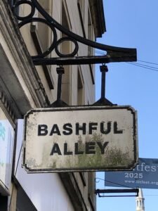 A weathered sign reading Bashful Alley hangs from a metal bracket on a building, with part of another blue sign in the background and clear sky above.
